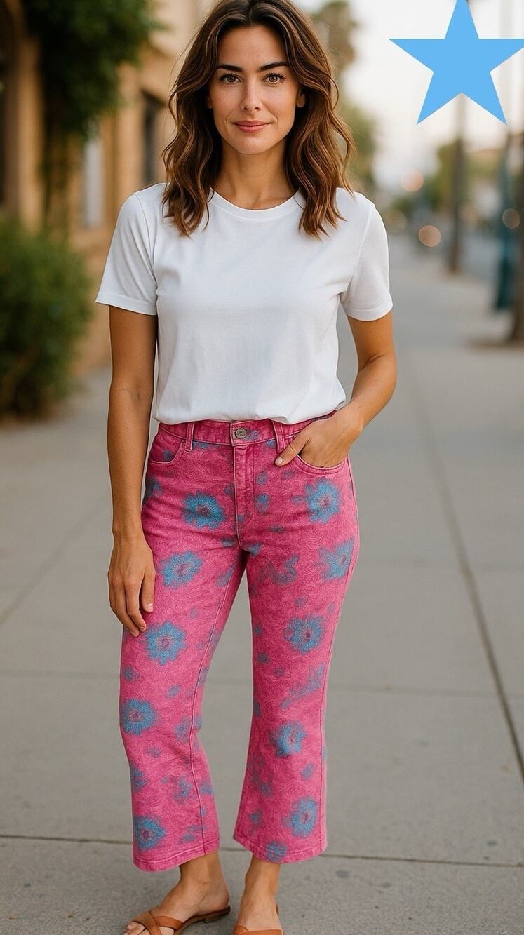 Escada Sport Women’s Kate Pink Blue Floral Jeans Kick Flare Crop Sz 38 US 8 M